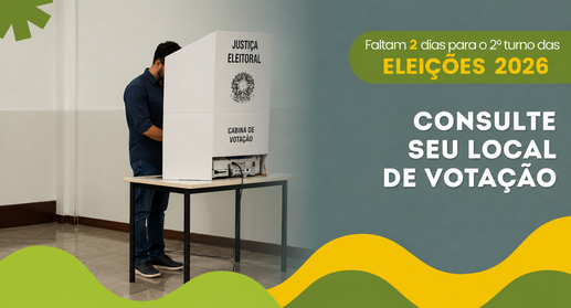 Banner informativo sobre o segundo turno das Eleições 2026. À esquerda, um homem de camisa azul-...