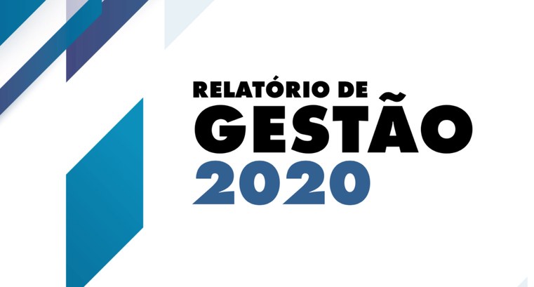 TRE-RJ Logo relatório de gestão 2020 Formas geométricas em tons de azul ao lado esquerdo. No centro, lê-se "Relatório de Gestão" em l...